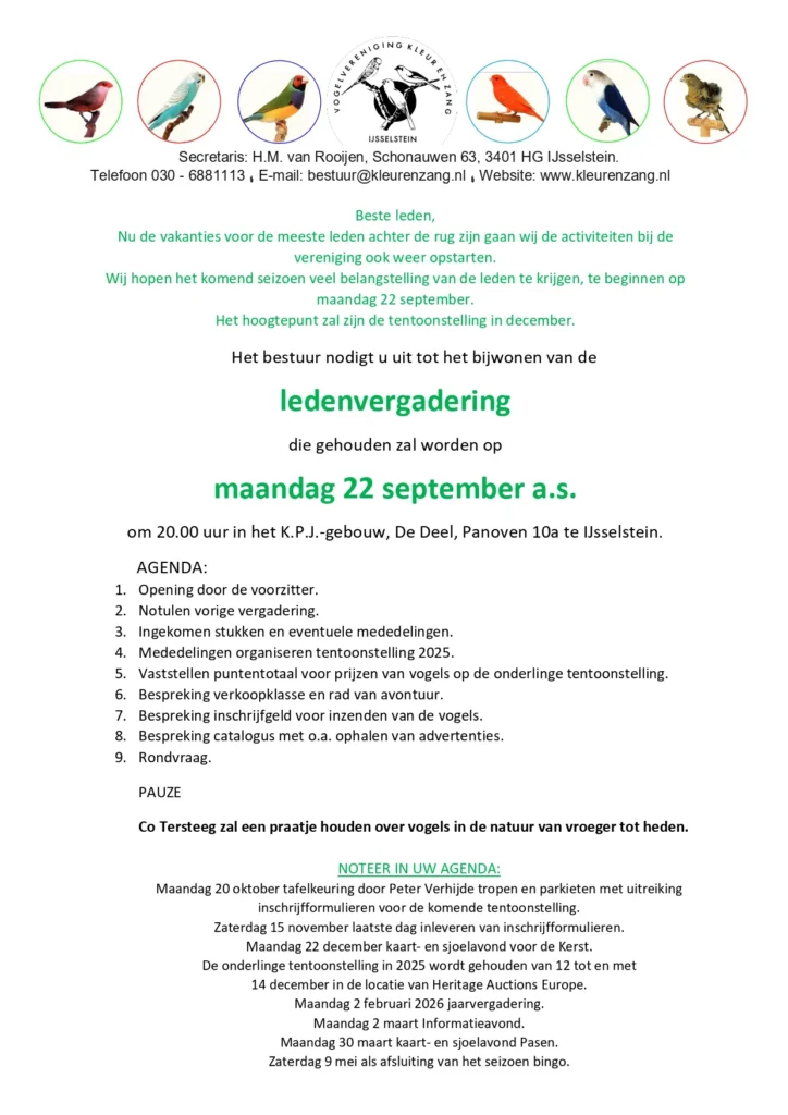 Ledenvergadering maandag 22 sept 2025